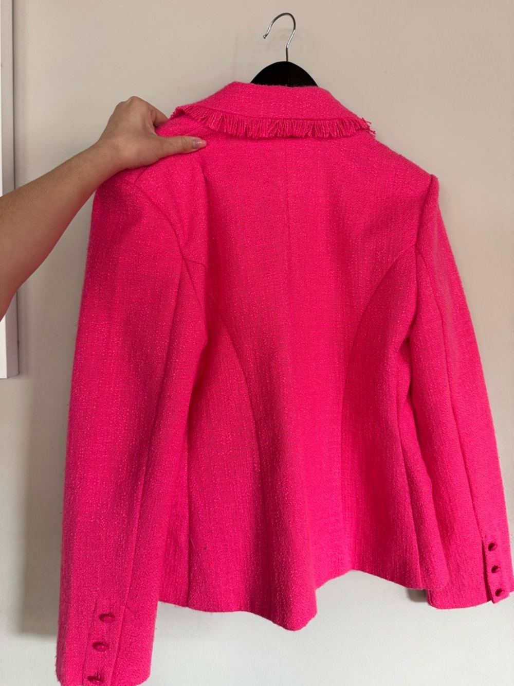 Steve Madden Bright Pink Tweed Fringed Double-Breasted Blazer - Picture 5 of 6